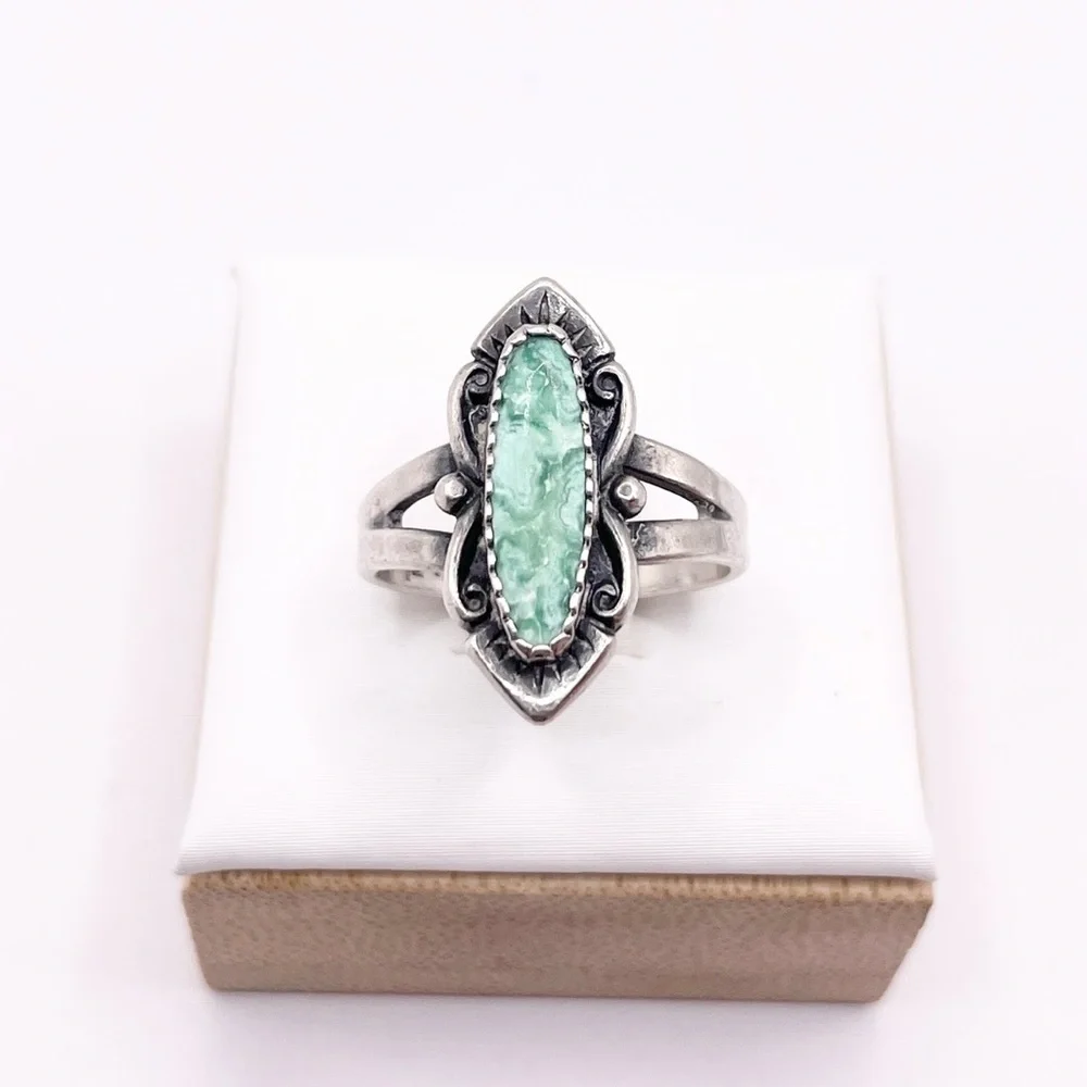 Size 6 Green Stone Bell Trading post 925 sterling silver Ring - Picture 4 of 8